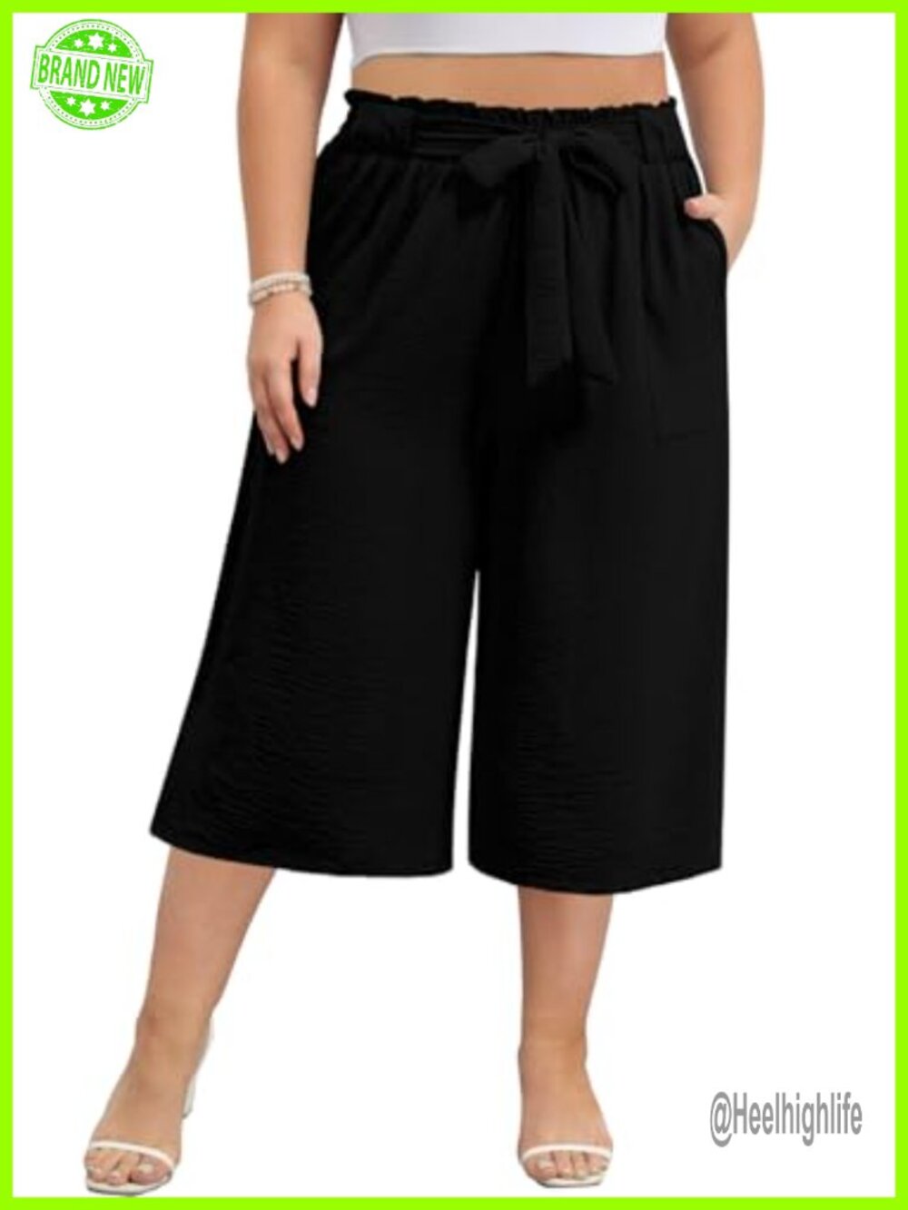Plus Size Wide Leg High Waist Capri Palazzo Pants Cropped Trousers with Pockets